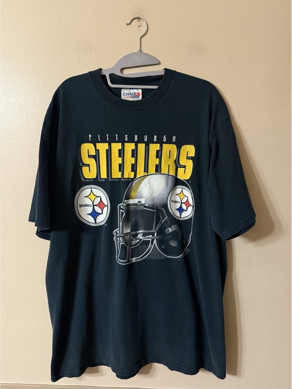 Vintage 1996 Big Logo Chalk Line Pittsburgh Steelers NFL T-Shirt Size XL Black